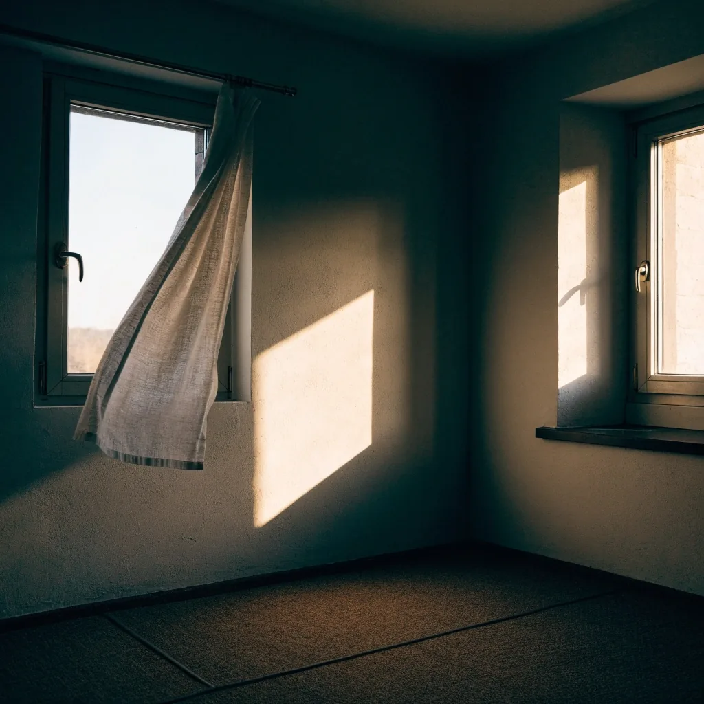 Two open windows on opposite walls of a plain bedroom letting air move through in the late afternoon